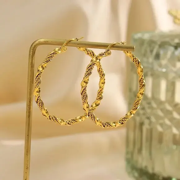 Large Twisted 18K Gold-Plated Hoop Earrings - Picture 7 of 11